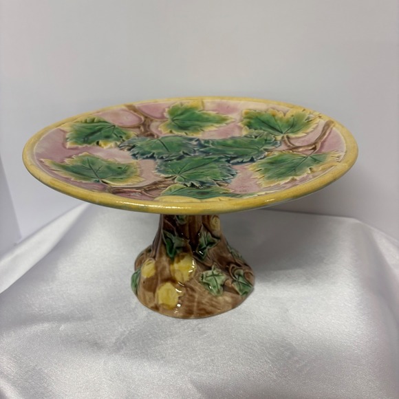 19th Century Etruscan Majolica Maple Pedestal Compote Cake Platter - Picture 1 of 8